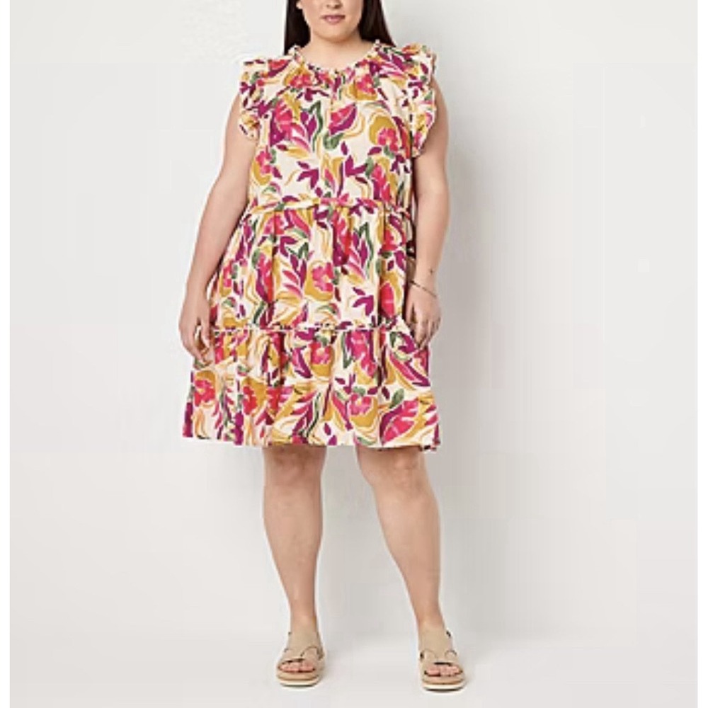 St Johns Bay Plus 1X Floral Ruffle Tiered Sleeveless Dress Summer Knee Length